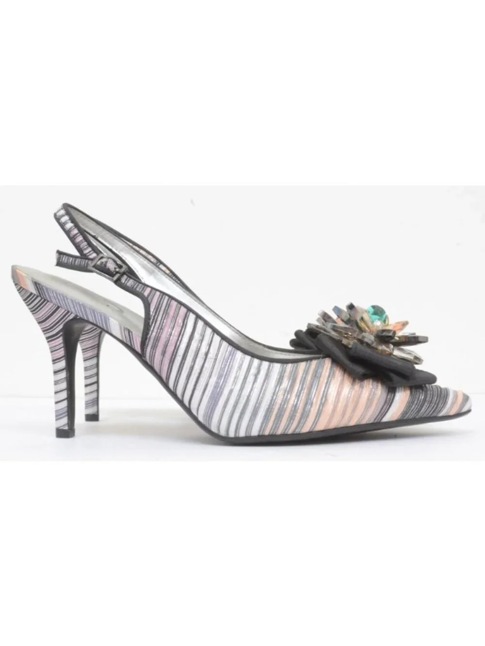 J.Renee Women's 10 Colorful Crystal Embellishment Striped Slingback Heels Party